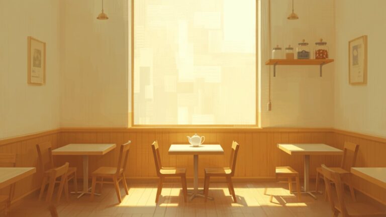 A small quiet cafe in the morning with wooden tables and chairs, a white teapot on one table, and soft light through a large window.