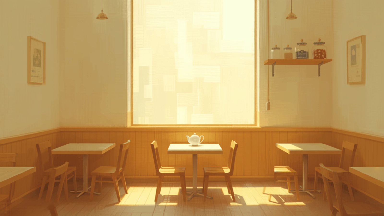A small quiet cafe in the morning with wooden tables and chairs, a white teapot on one table, and soft light through a large window.