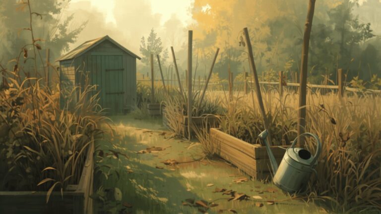 An overgrown allotment plot in autumn, with a small green wooden shed, tall dry grasses and an old watering can lying on its side.