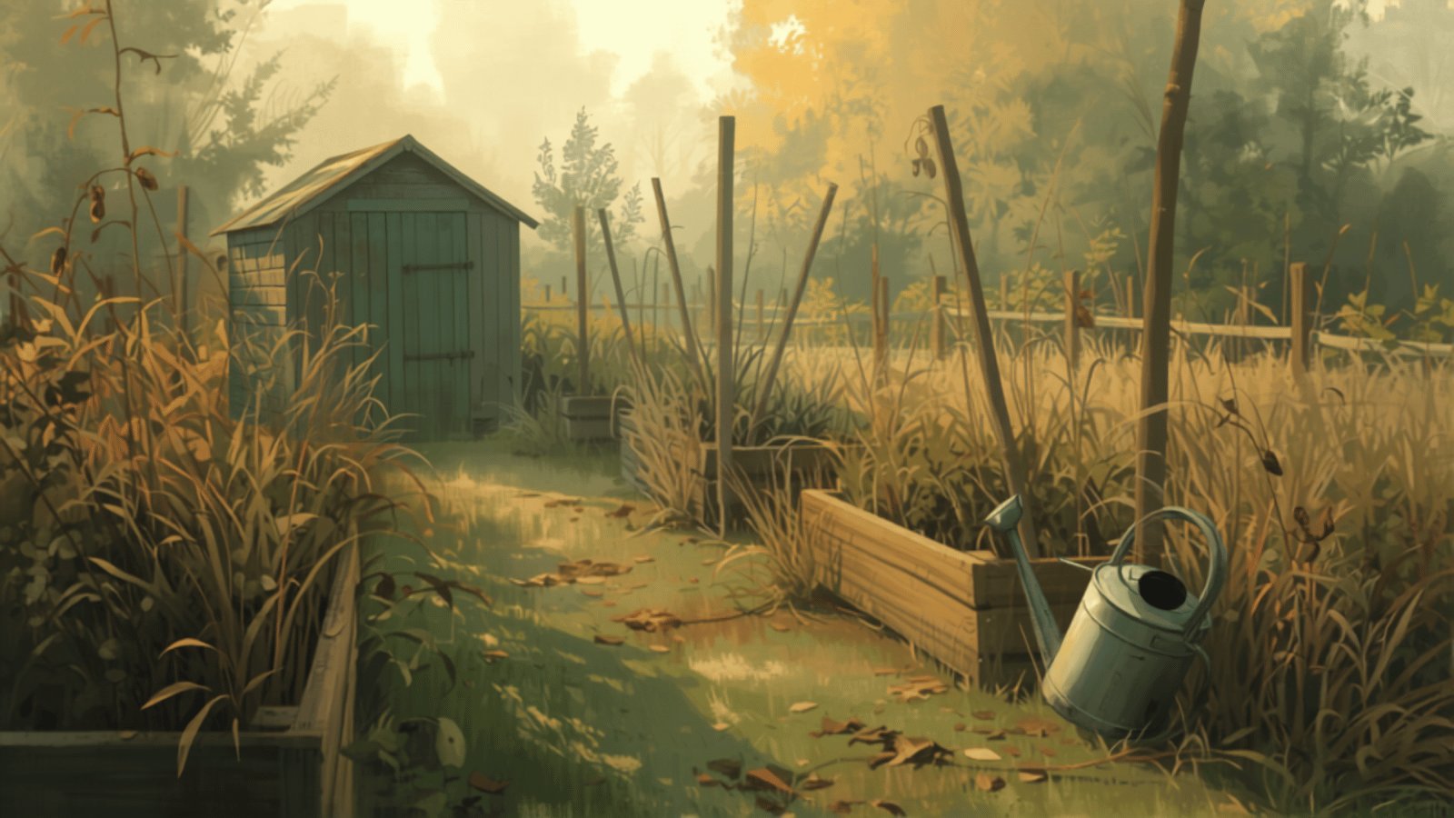 An overgrown allotment plot in autumn, with a small green wooden shed, tall dry grasses and an old watering can lying on its side.