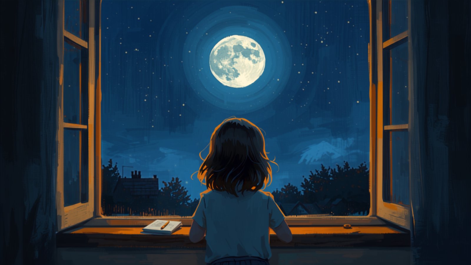 A young girl leans on an open bedroom windowsill at night, a notebook and pencil beside her, looking up at a big bright full moon over the rooftops.
