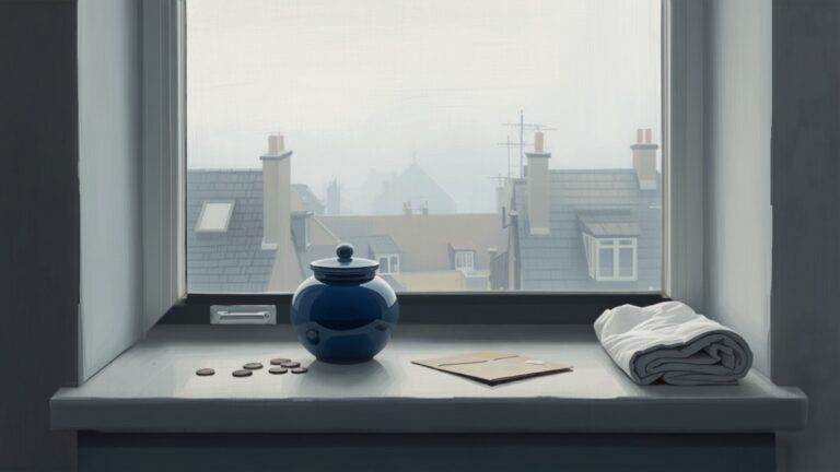 A small round blue jar sits on a bare windowsill with a few coins, a brown envelope and a folded white towel, city rooftops beyond the glass.