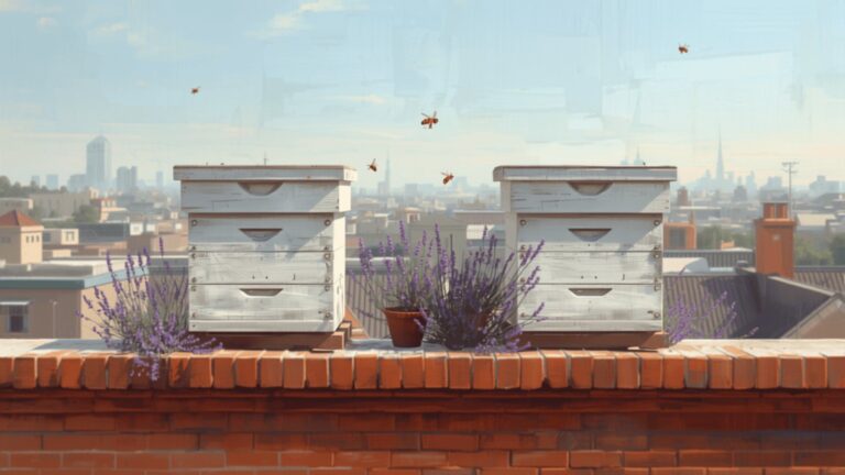 Two white wooden beehives on a sunny city rooftop with lavender in pots and bees flying, rooftops and towers behind.