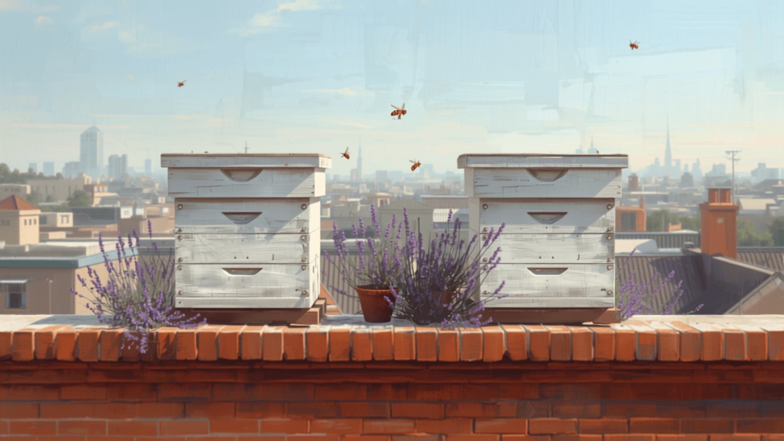 Two white wooden beehives on a sunny city rooftop with lavender in pots and bees flying, rooftops and towers behind.