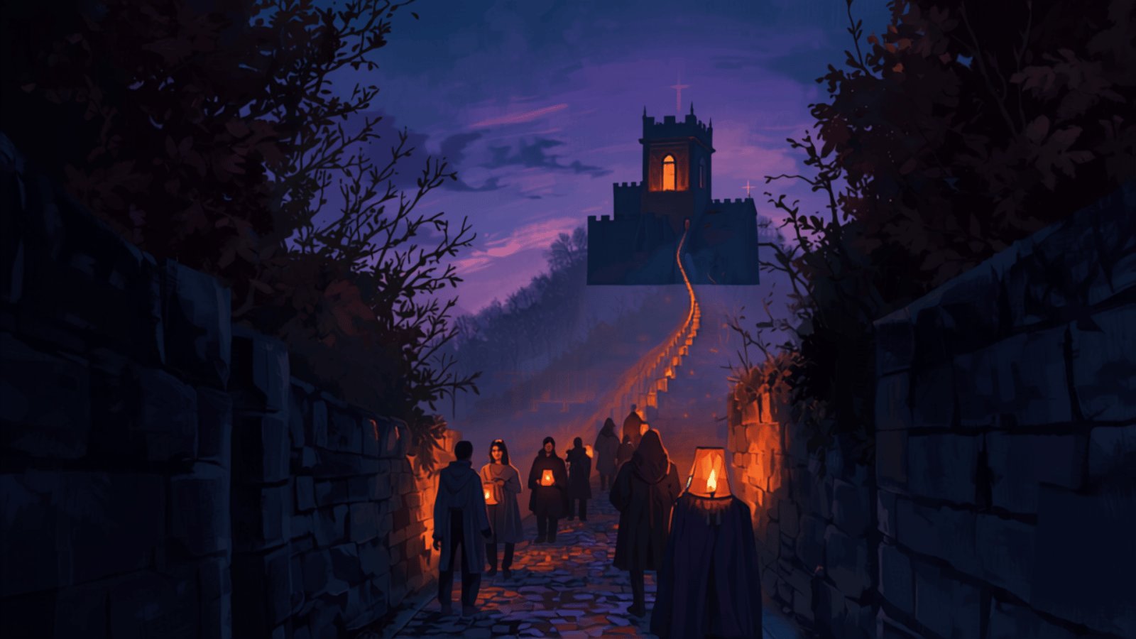 Townspeople walking silently uphill at dusk carrying small glowing lanterns, towards an old stone tower lit against a purple evening sky.