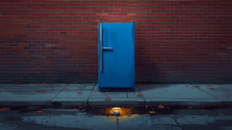 A bright blue fridge stands alone on a wet pavement against a red-brick wall on a grey city street scattered with autumn leaves.