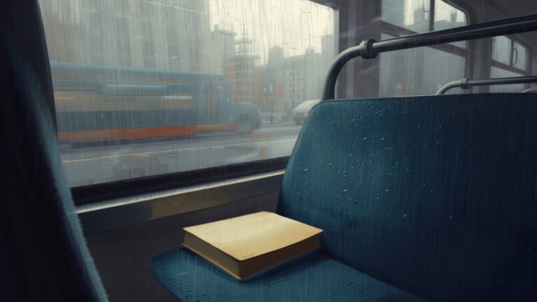 A paperback book left behind on an empty blue bus seat beside a rain-flecked window, with the grey city blurred outside.
