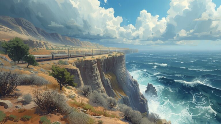 A train runs along a railway line cut into a high stony clifftop above a rough blue sea, under huge racing clouds.