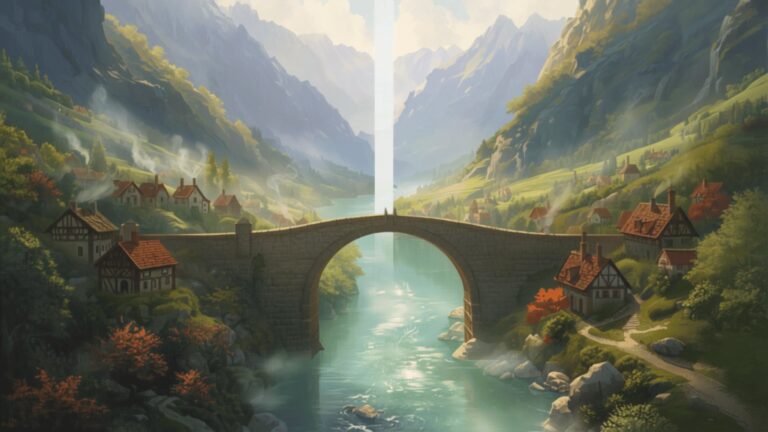 An old arched stone bridge crossing a green river in a mountain valley, with village houses on both banks and misty peaks behind.