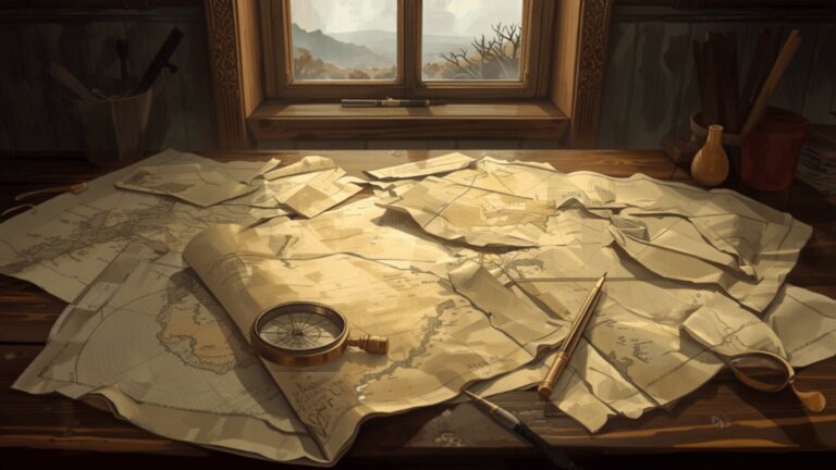 Old paper maps spread across a wooden table with a brass compass and a pencil resting on them, and a window looking out over bare hills.