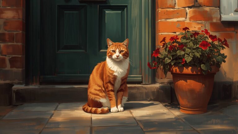 A ginger and white cat sitting on the stone doorstep of a red-brick house with a green front door and a pot of red flowers.