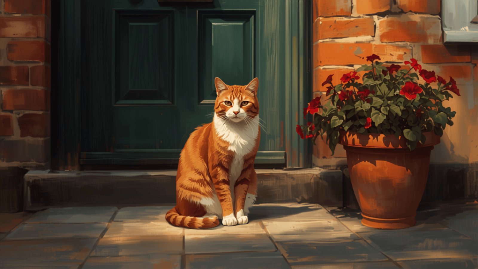 A ginger and white cat sitting on the stone doorstep of a red-brick house with a green front door and a pot of red flowers.