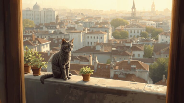 A grey tabby cat sitting on a sunny balcony ledge among small potted plants, looking out over the rooftops of a big city.