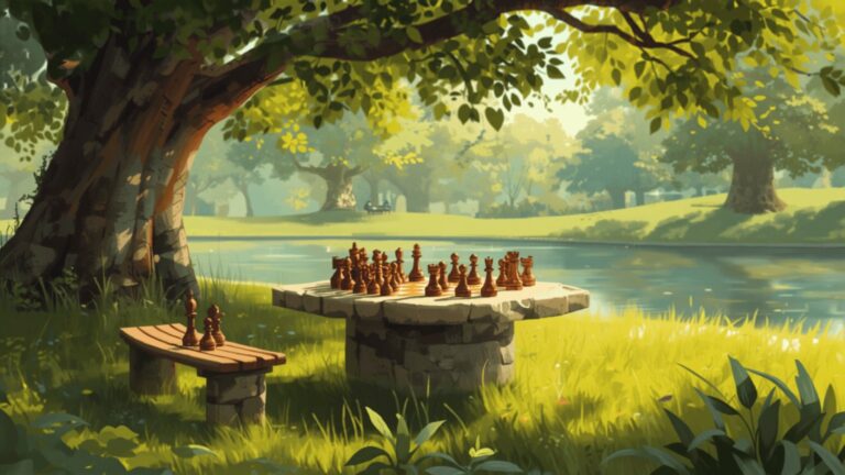 A stone chess table with wooden chess pieces set out under a big tree in a sunny green park, next to a lake and a small bench.