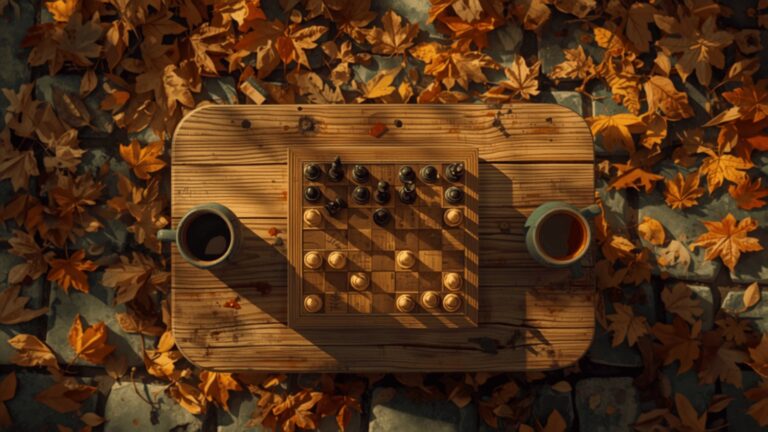 Looking down on a wooden park chess table mid-game, with two mugs beside the board and orange autumn leaves scattered across it.