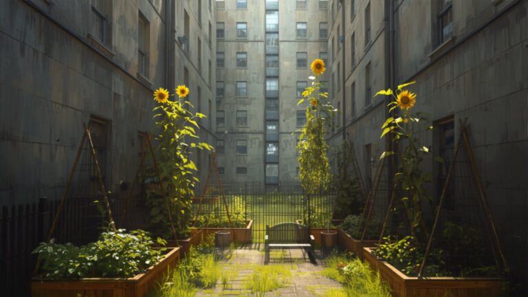 A small garden of sunflowers and raised vegetable beds with a bench, squeezed into a narrow gap between two tall grey concrete tower blocks.