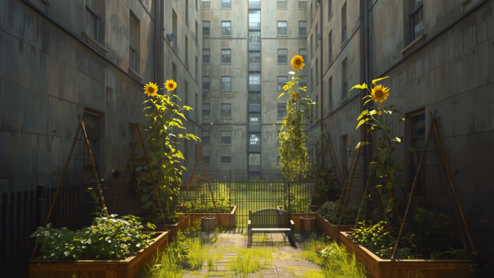 A small garden of sunflowers and raised vegetable beds with a bench, squeezed into a narrow gap between two tall grey concrete tower blocks.