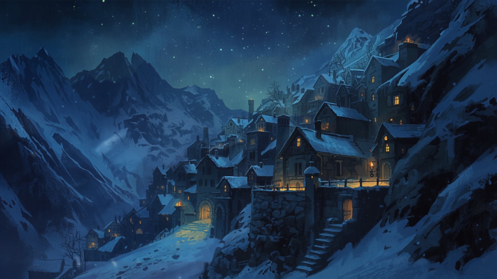A snowy mountain village at night, its stone houses climbing the hillside with small warm lights burning at the windows and doorways under a starry sky.