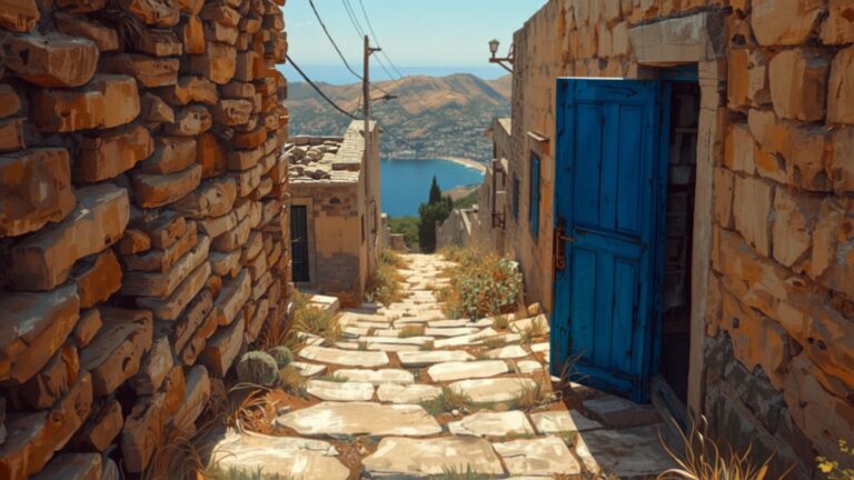 A steep stone lane in an abandoned Greek hill village, with a blue wooden door standing open, weeds growing through the paving, and the blue sea far below.