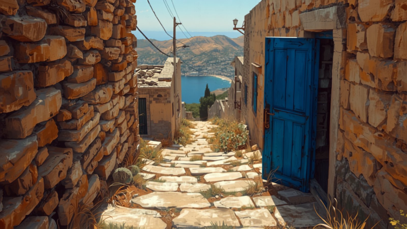 A steep stone lane in an abandoned Greek hill village, with a blue wooden door standing open, weeds growing through the paving, and the blue sea far below.