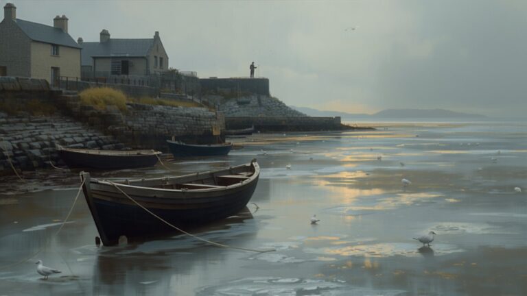 Fishing boats lie leaning on shining mudflats at low tide in a small stone harbour, with gulls on the mud and one figure standing on the sea wall.