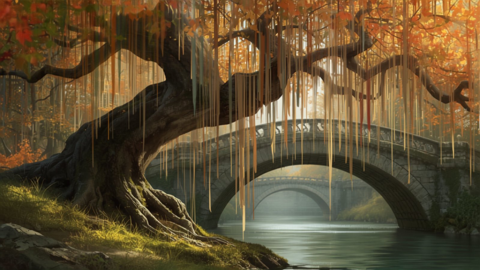A huge old tree on a river bank with hundreds of small ribbons and paper strips hanging from its branches, with a stone arch bridge behind it in autumn light.