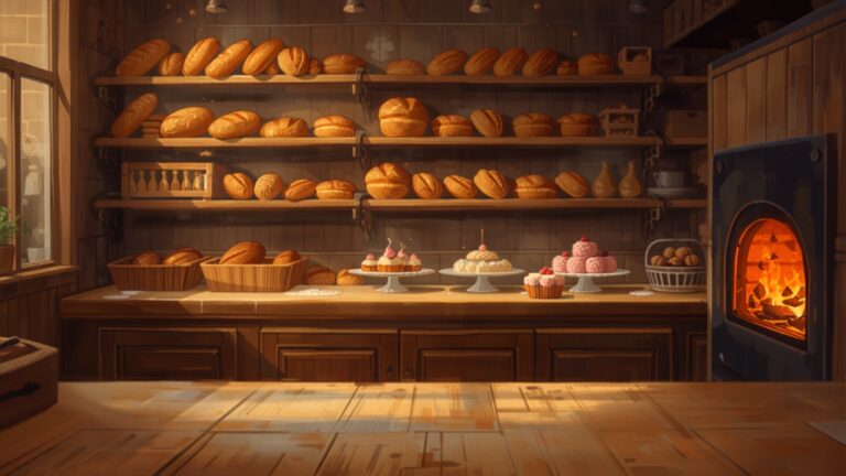 The warm inside of a small bakery: wooden shelves full of fresh loaves, cakes on stands along the counter, and a glowing oven door open at the side.