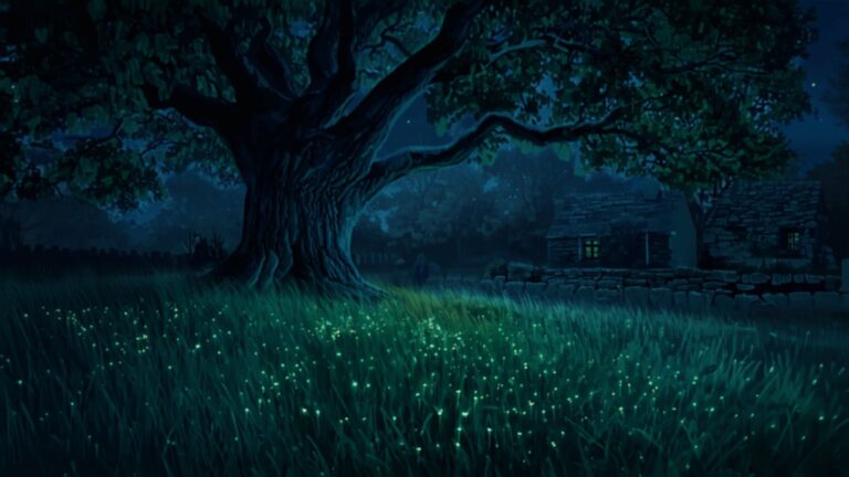 A dark country garden at night under a huge beech tree, with hundreds of tiny green glow-worm lights in the grass and a cottage window lit behind.