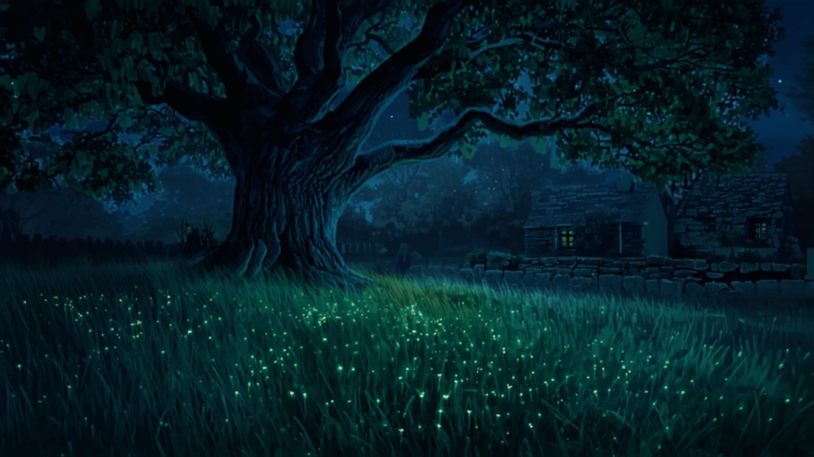 A dark country garden at night under a huge beech tree, with hundreds of tiny green glow-worm lights in the grass and a cottage window lit behind.
