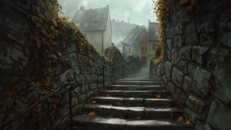 A long flight of worn stone steps climbing between old town houses on a damp autumn morning, with ivy on the walls and rooftops beyond.