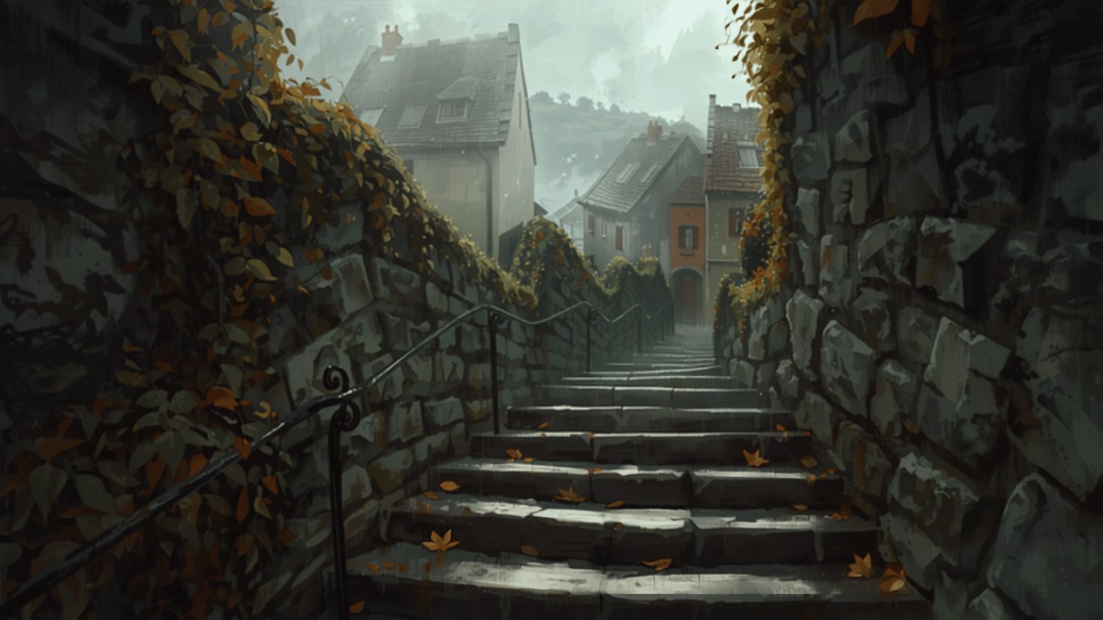A long flight of worn stone steps climbing between old town houses on a damp autumn morning, with ivy on the walls and rooftops beyond.
