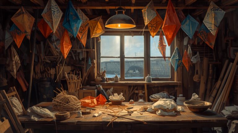 An old kite-maker's workshop lit by a hanging lamp, with brightly coloured paper kites hanging from the beams and a cluttered workbench, looking out through a window onto a grey stone harbour.