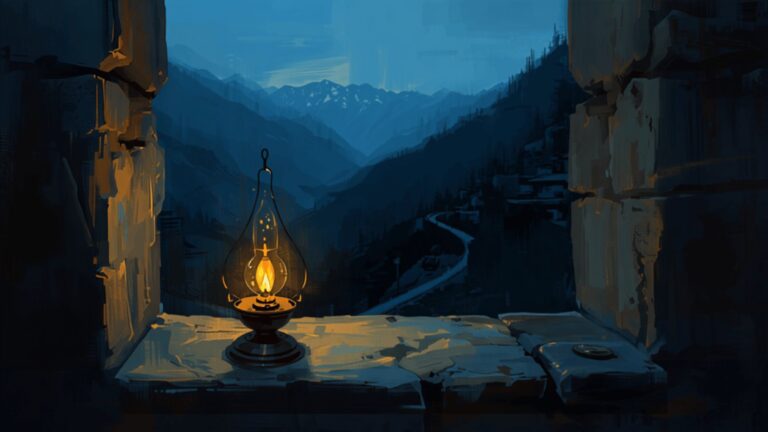 A small brass oil lamp burning on a deep stone windowsill at dusk, looking out over an empty mountain road winding into the blue distance.