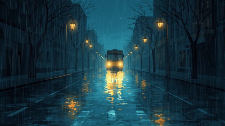 A city bus approaching along a rainy street at night, its headlights reflected in the wet road, with street lamps glowing warm amber on both sides.