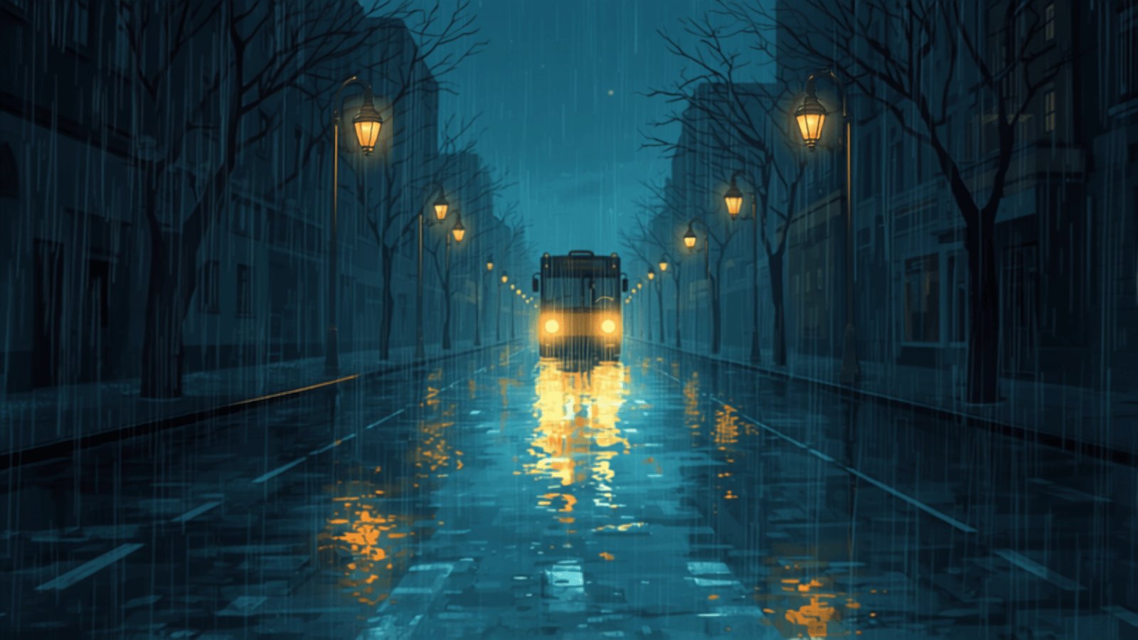 A city bus approaching along a rainy street at night, its headlights reflected in the wet road, with street lamps glowing warm amber on both sides.