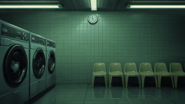 The empty interior of an old launderette at night: a row of big washing machines against green tiles, one turning, with a line of plastic chairs facing them under strip lighting.