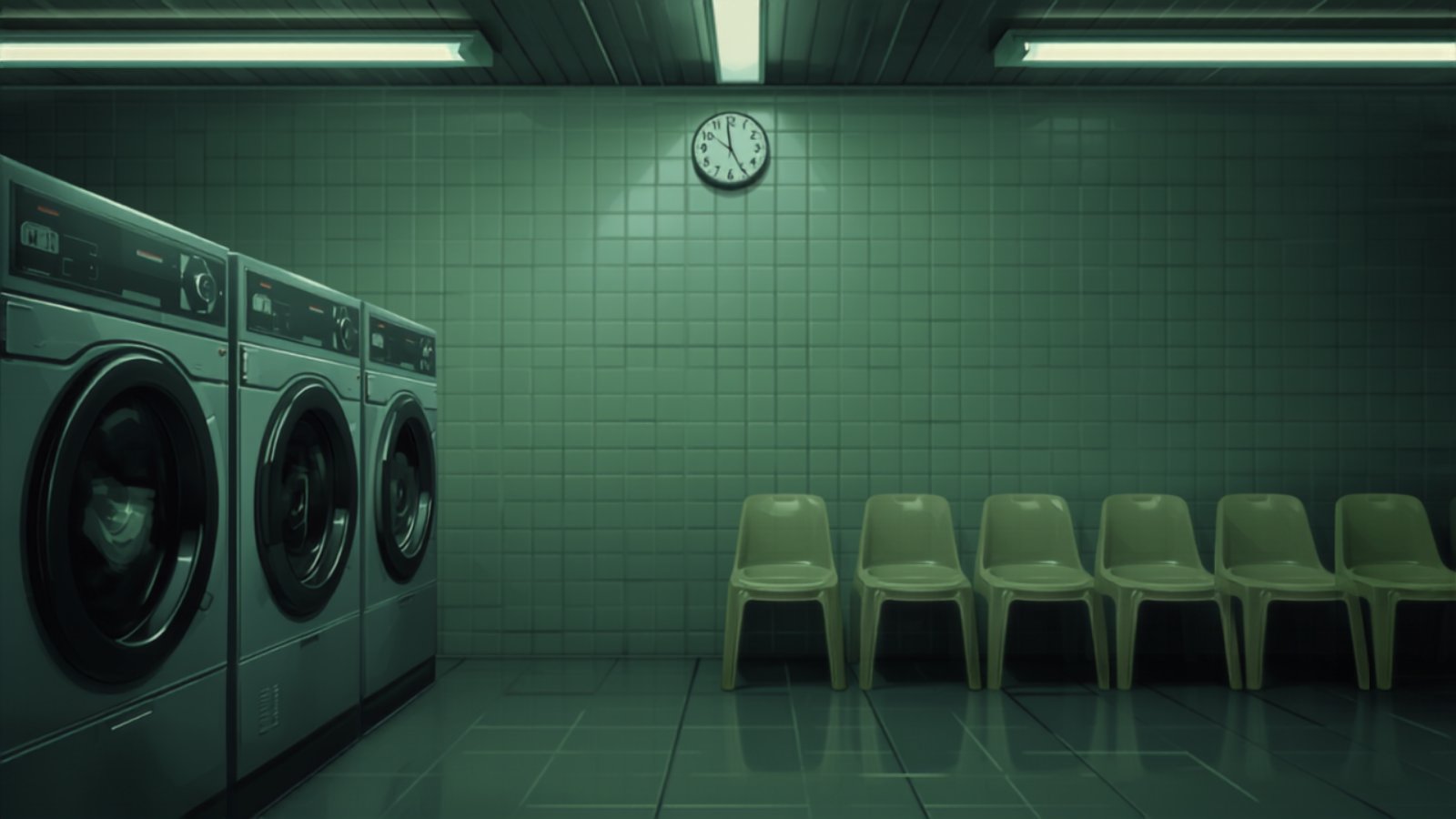 The empty interior of an old launderette at night: a row of big washing machines against green tiles, one turning, with a line of plastic chairs facing them under strip lighting.