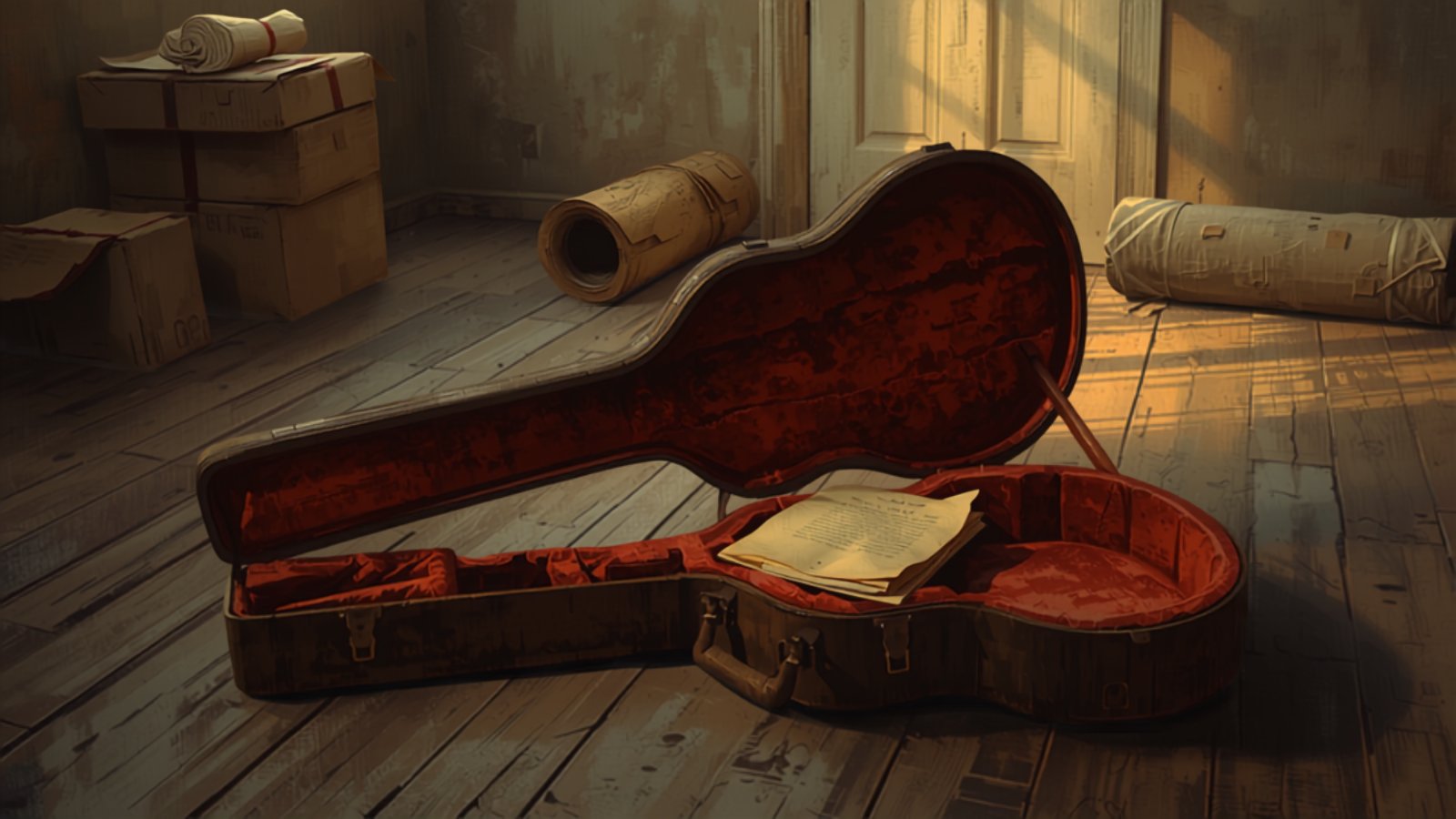 An old guitar case lies open on bare floorboards in a half-packed room, empty except for a folded yellowed letter resting in the red velvet lining.