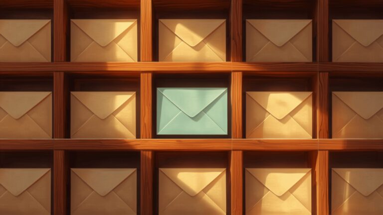 A wooden post office sorting rack full of plain cream envelopes, with one pale blue envelope standing out in the middle.