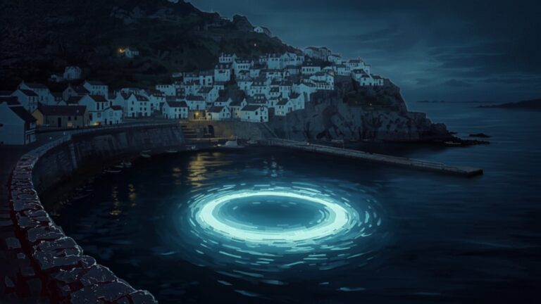 A strange circle of pale blue-green light glows under the water of a dark harbour at night, below a fishing village of white houses climbing a steep hillside.