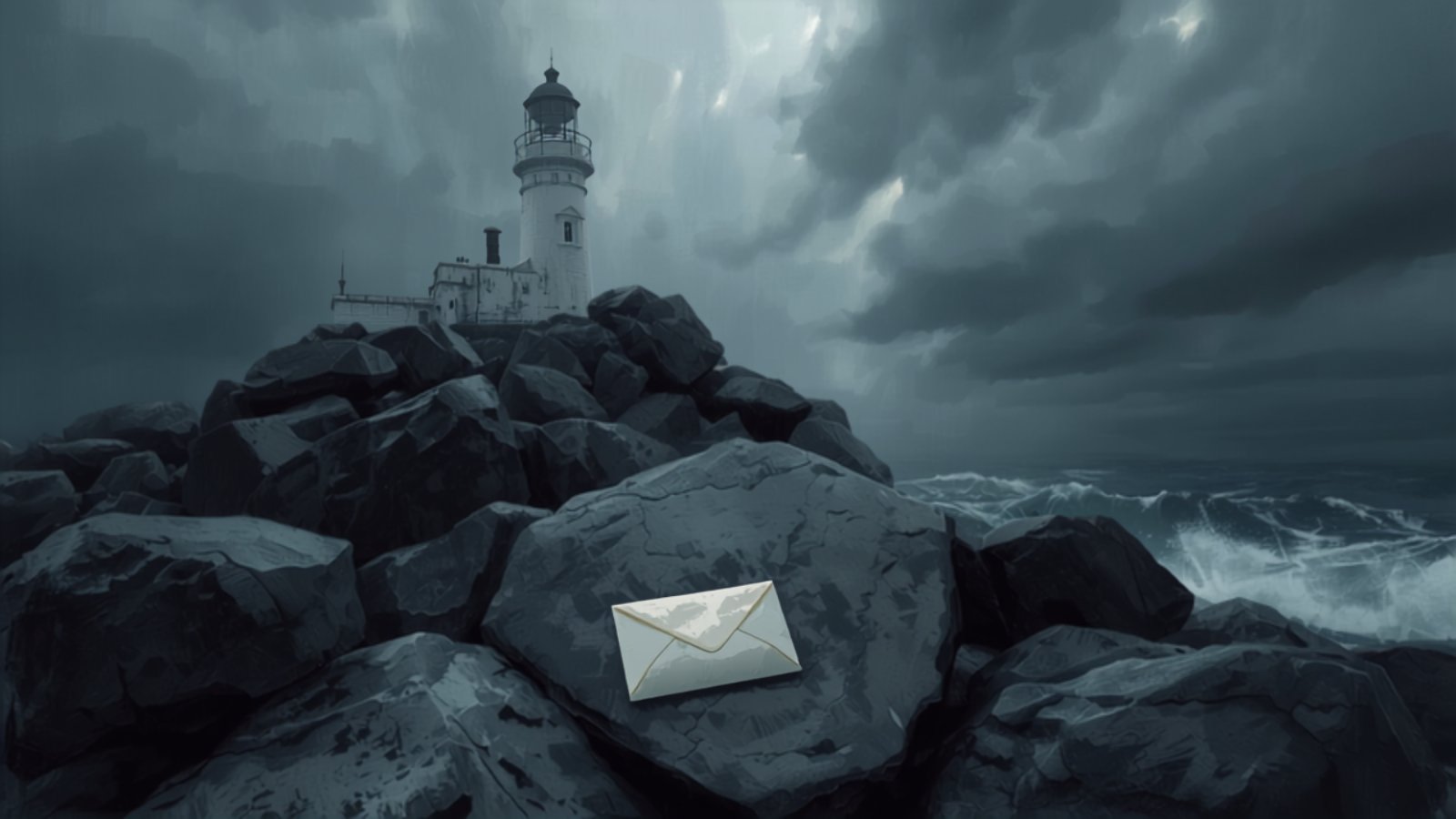 A sealed envelope lies on the rocks at the foot of a disused white lighthouse standing on a headland under a heavy storm sky, with grey sea breaking behind.