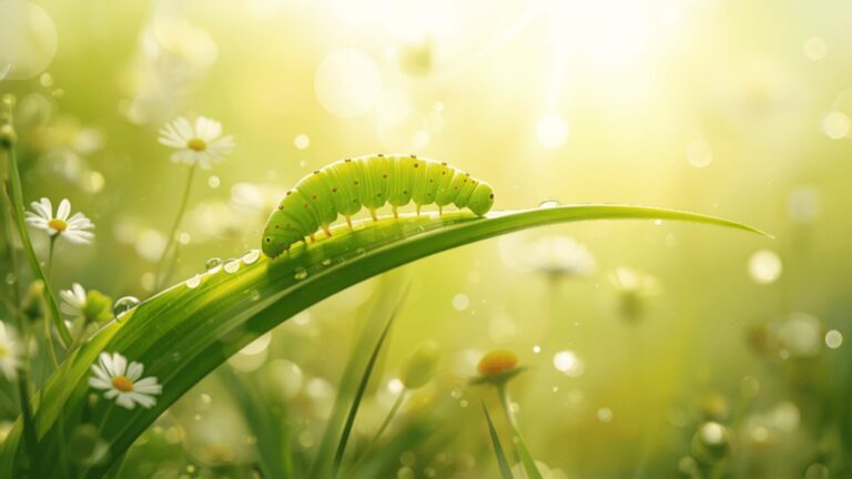 A small bright green caterpillar walking along a sunlit blade of grass covered in dewdrops, with white daisies blurred behind.