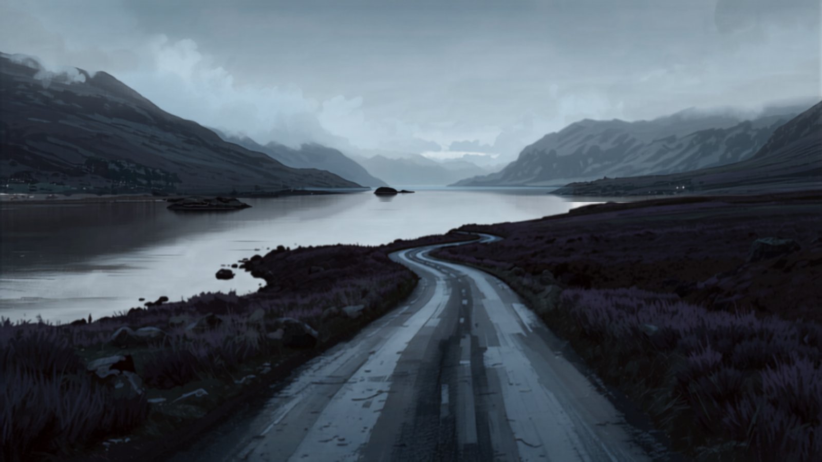 A narrow road curves away round the shore of a still Scottish sea loch at dusk, with dark hills reflected in the water and heather along the verge.