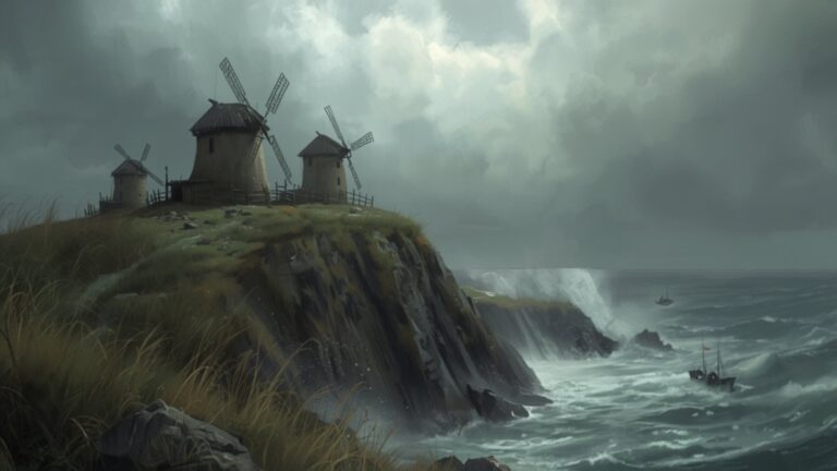 Old wooden windmills stand on a windswept clifftop above a rough grey sea, with a small fishing boat running for shelter under a stormy sky.
