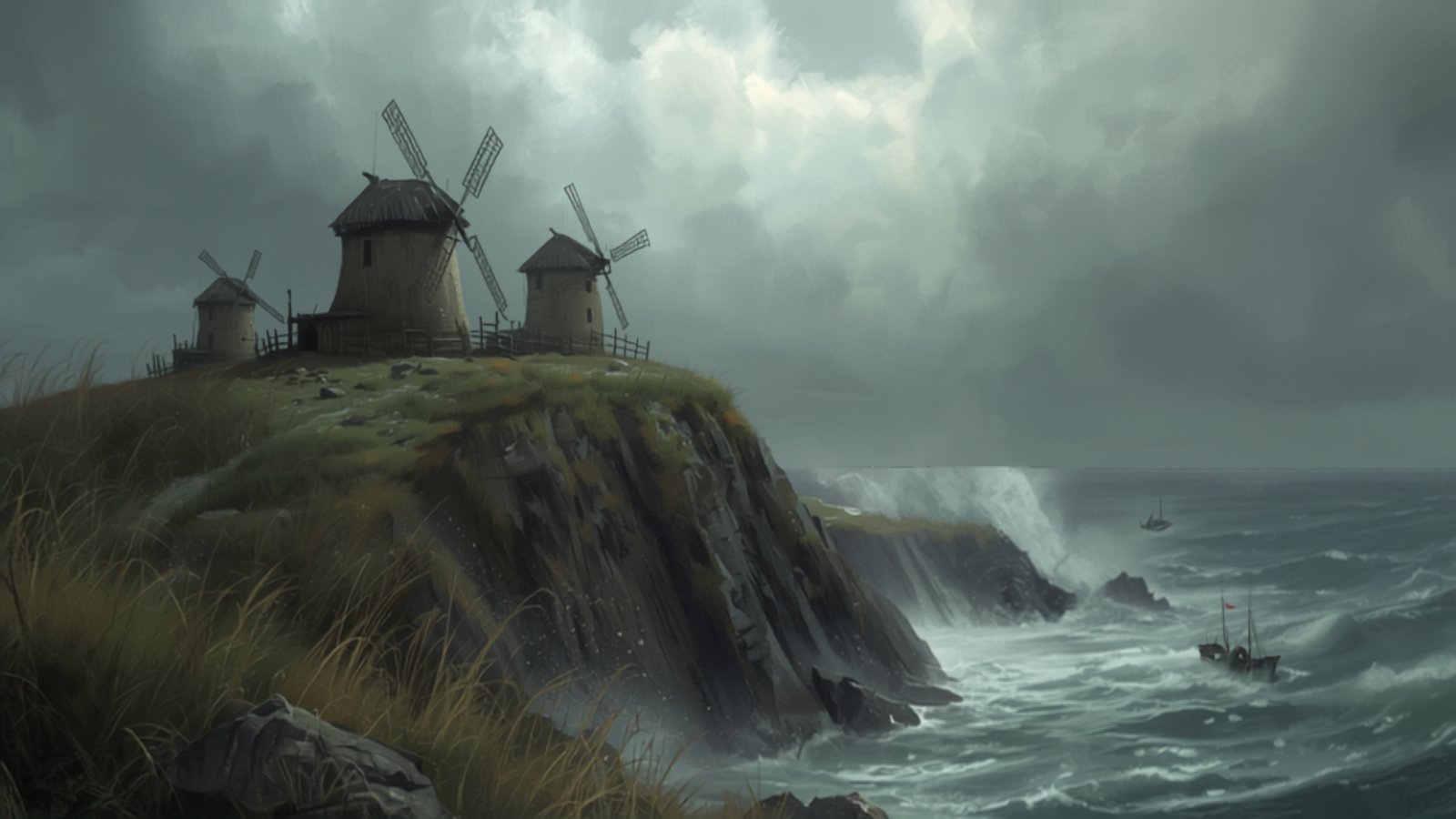 Old wooden windmills stand on a windswept clifftop above a rough grey sea, with a small fishing boat running for shelter under a stormy sky.