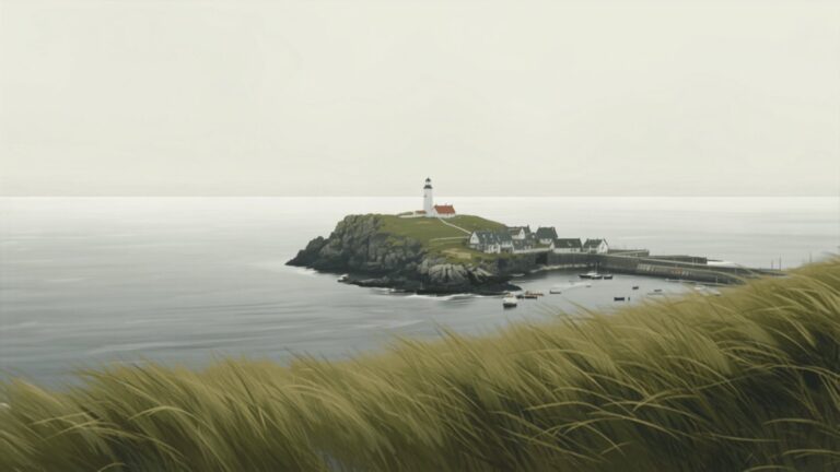 A small rocky island in a cold northern sea with a white lighthouse, a little harbour of fishing boats and wind-blown grass in the foreground.