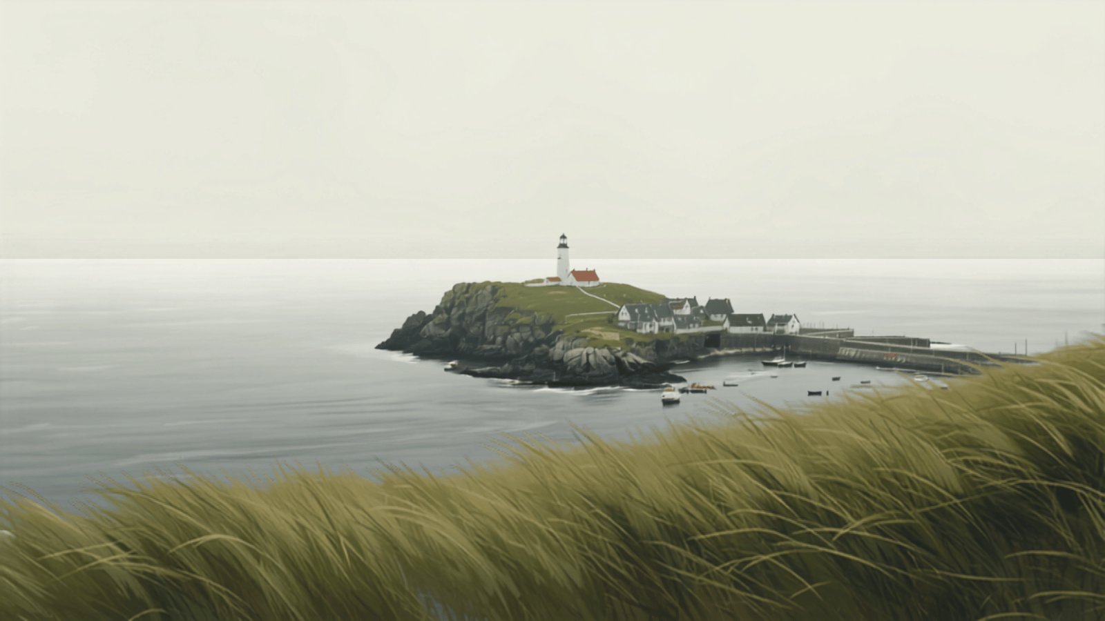 A small rocky island in a cold northern sea with a white lighthouse, a little harbour of fishing boats and wind-blown grass in the foreground.