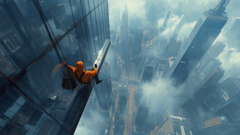 A window cleaner in a bright orange jacket sits on a suspended platform high up the glass side of a skyscraper, with the city streets tiny far below.