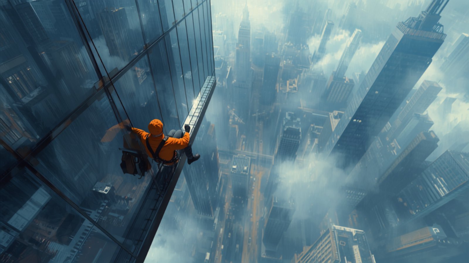 A window cleaner in a bright orange jacket sits on a suspended platform high up the glass side of a skyscraper, with the city streets tiny far below.