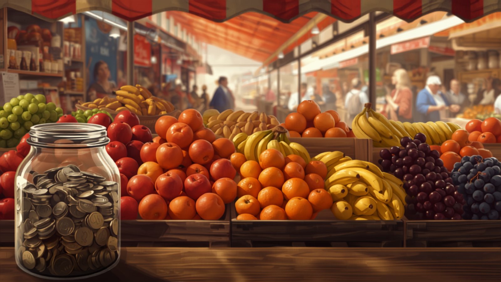 A busy market fruit stall piled with apples, oranges, bananas and grapes under a striped awning, with a big glass jar full of coins standing on the counter.